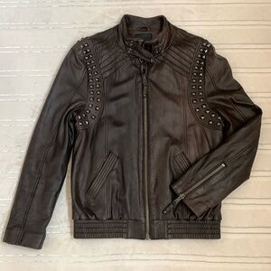 Faith Connexion Designer Men’s Brown Leather Studded Biker Bomber Jacket